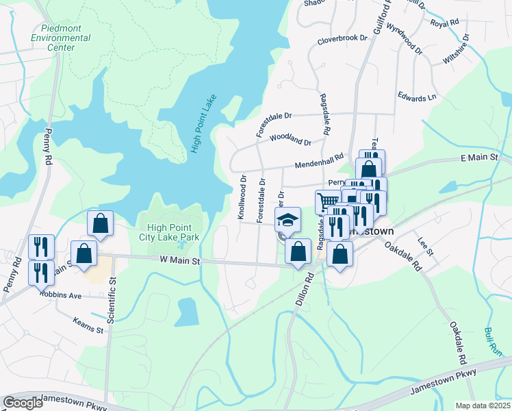 map of restaurants, bars, coffee shops, grocery stores, and more near 207 Forestdale Drive in Jamestown