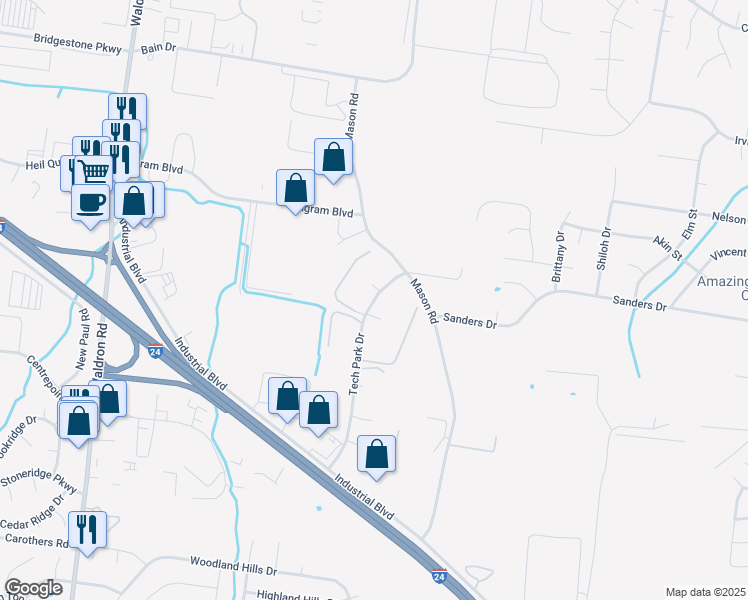 map of restaurants, bars, coffee shops, grocery stores, and more near 320 Tech Park Drive in La Vergne