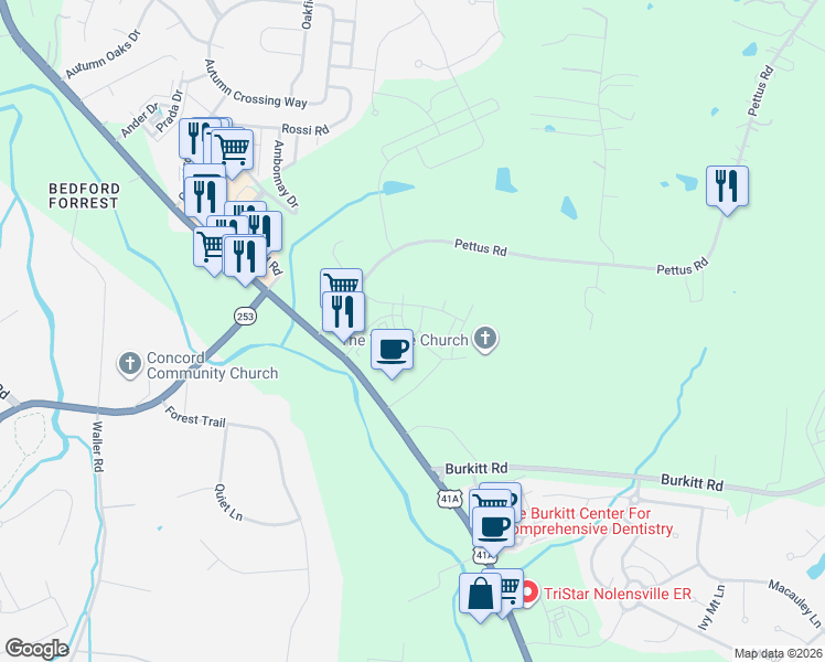 map of restaurants, bars, coffee shops, grocery stores, and more near 628 Thetford Alley in Brentwood
