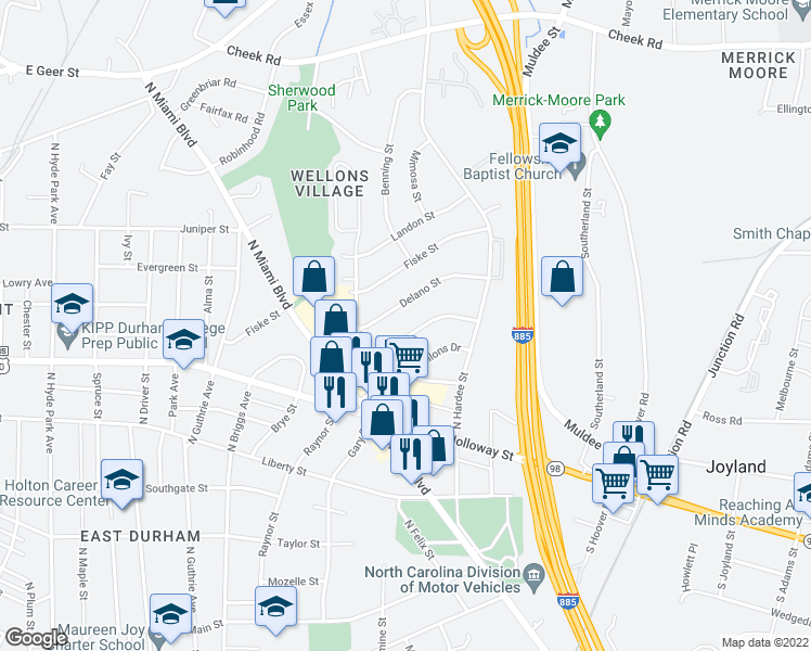 map of restaurants, bars, coffee shops, grocery stores, and more near 1119 Raynor Street in Durham
