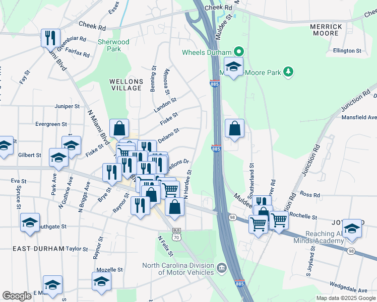 map of restaurants, bars, coffee shops, grocery stores, and more near 1144 Raynor Street in Durham