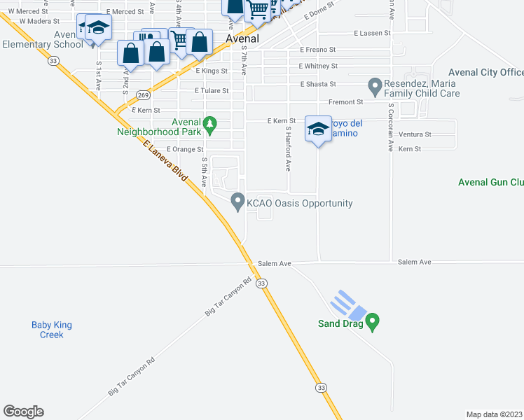 map of restaurants, bars, coffee shops, grocery stores, and more near 1217 South 7th Avenue in Avenal