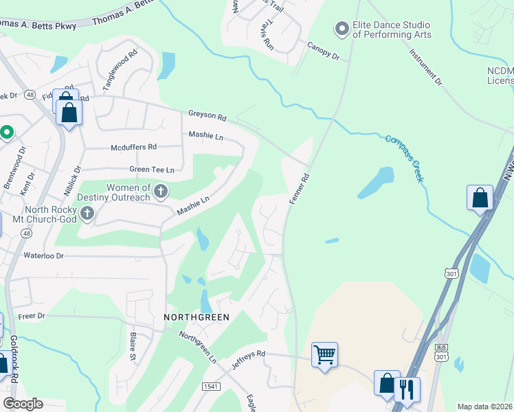 map of restaurants, bars, coffee shops, grocery stores, and more near 124 Chesapeake Court in Rocky Mount