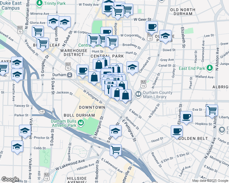 map of restaurants, bars, coffee shops, grocery stores, and more near in Durham