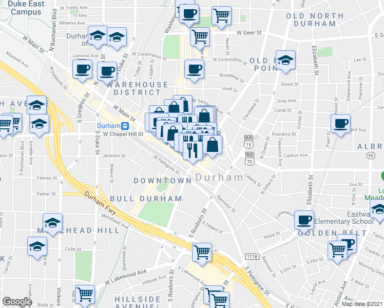 map of restaurants, bars, coffee shops, grocery stores, and more near 126 West Main Street in Durham