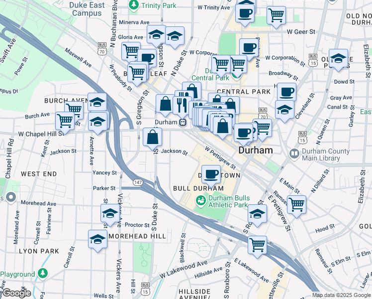 map of restaurants, bars, coffee shops, grocery stores, and more near 317 West Pettigrew Street in Durham
