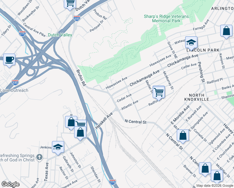 map of restaurants, bars, coffee shops, grocery stores, and more near 131 Cedar Avenue in Knoxville