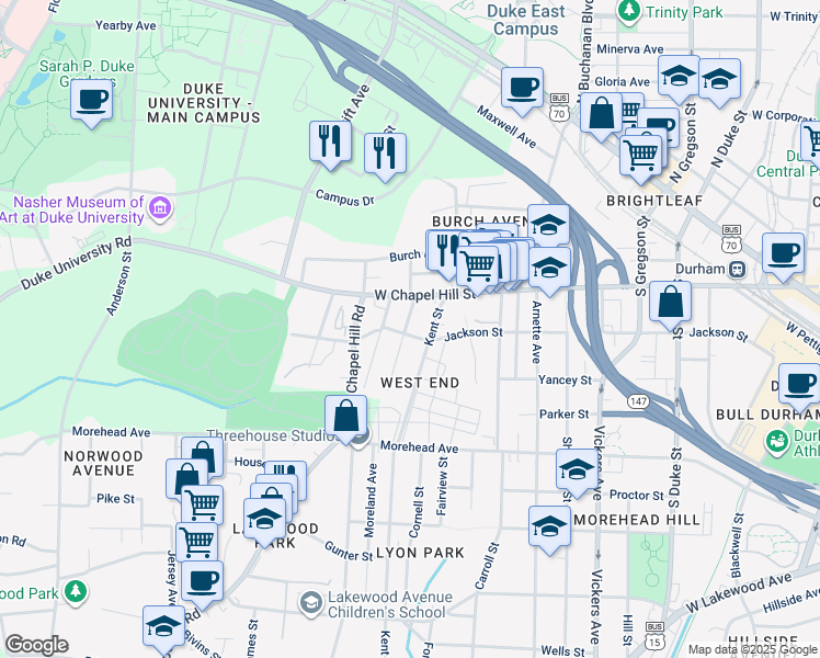 map of restaurants, bars, coffee shops, grocery stores, and more near 1212 Jackson Street in Durham