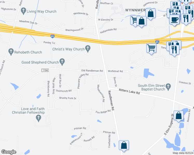 map of restaurants, bars, coffee shops, grocery stores, and more near 4402 Meadowcroft Road in Greensboro