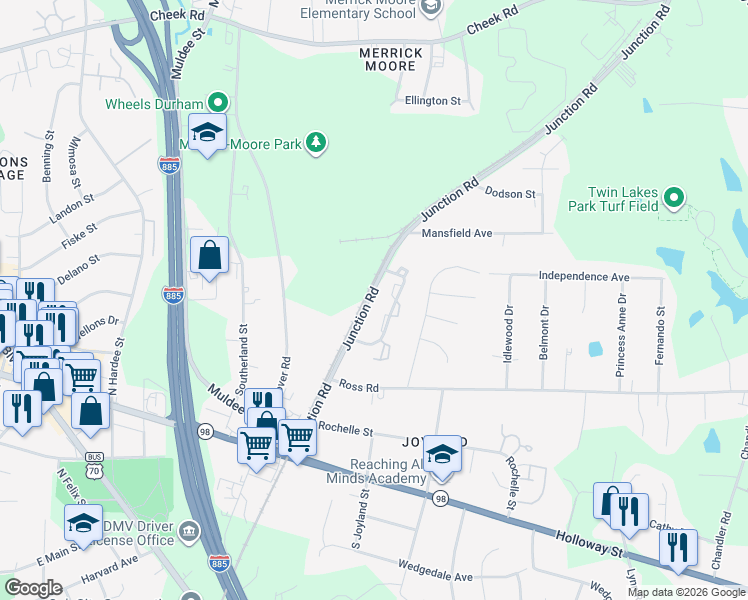 map of restaurants, bars, coffee shops, grocery stores, and more near 416 Junction Road in Durham