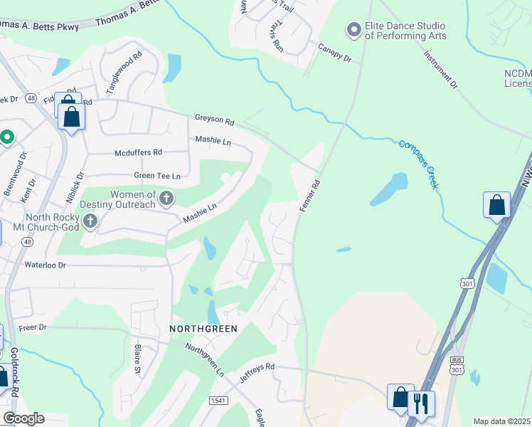 map of restaurants, bars, coffee shops, grocery stores, and more near 124 Chesapeake Court in Rocky Mount