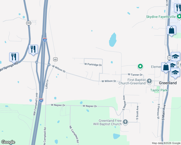 map of restaurants, bars, coffee shops, grocery stores, and more near 134 North Brewer Court in Fayetteville