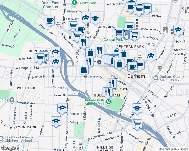 map of restaurants, bars, coffee shops, grocery stores, and more near 370 Jackson Street in Durham