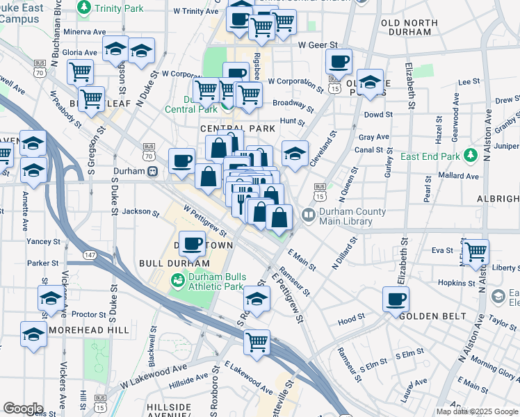 map of restaurants, bars, coffee shops, grocery stores, and more near 101 East Parrish Street in Durham