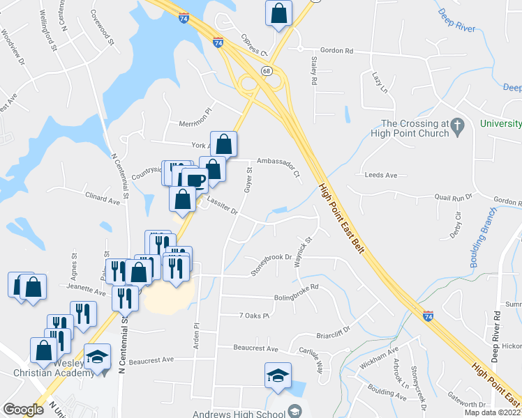 map of restaurants, bars, coffee shops, grocery stores, and more near 203 Lassiter Dr in High Point