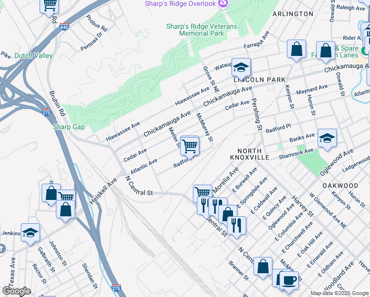 map of restaurants, bars, coffee shops, grocery stores, and more near 304 Atlantic Avenue in Knoxville