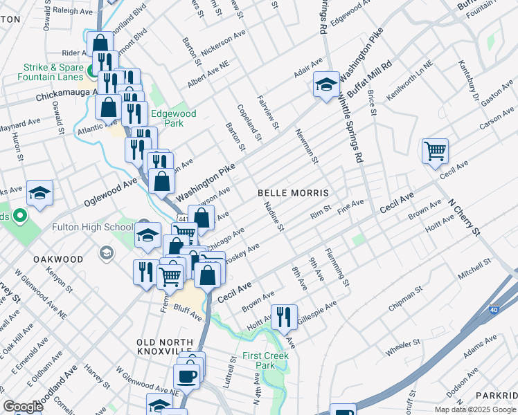 map of restaurants, bars, coffee shops, grocery stores, and more near 1722 Coker Avenue in Knoxville