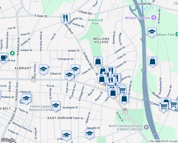 map of restaurants, bars, coffee shops, grocery stores, and more near 924 Fiske Street in Durham