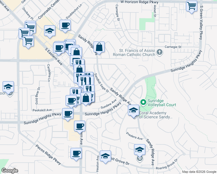 map of restaurants, bars, coffee shops, grocery stores, and more near Sandy Ridge Avenue in Henderson