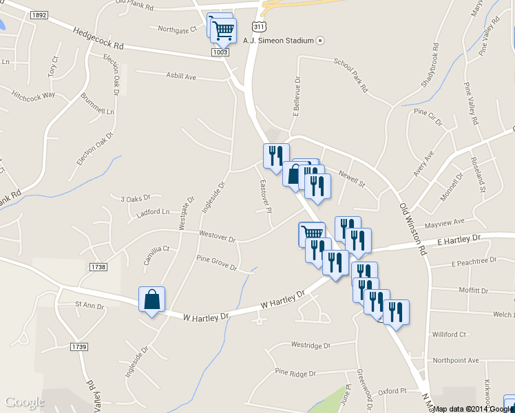 map of restaurants, bars, coffee shops, grocery stores, and more near 204 Jeremy Way in High Point