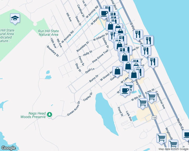 map of restaurants, bars, coffee shops, grocery stores, and more near 320 Burns Drive in Kill Devil Hills