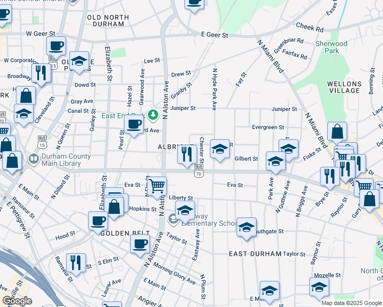 map of restaurants, bars, coffee shops, grocery stores, and more near 1000 Calvin Street in Durham