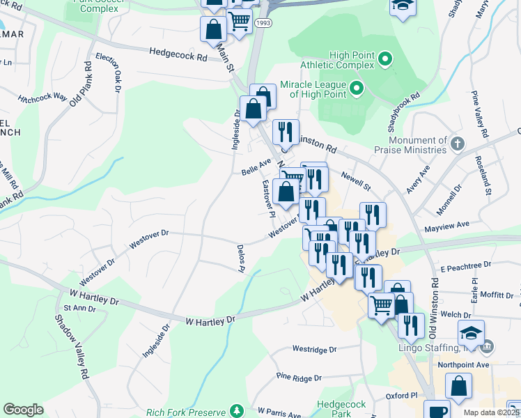 map of restaurants, bars, coffee shops, grocery stores, and more near 204 Jeremy Way in High Point