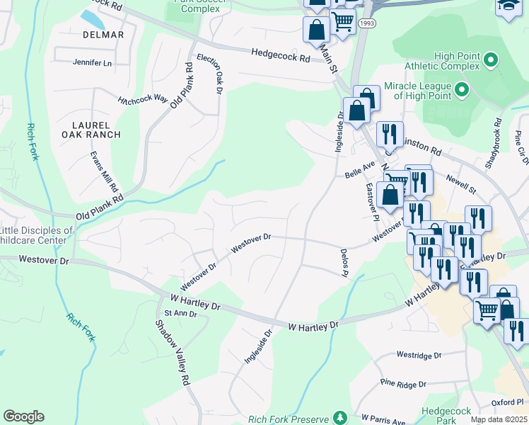 map of restaurants, bars, coffee shops, grocery stores, and more near 510 Ladford Lane in High Point