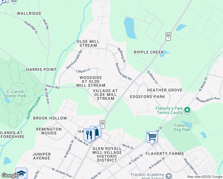 map of restaurants, bars, coffee shops, grocery stores, and more near 124 Melksham Road in Wake Forest