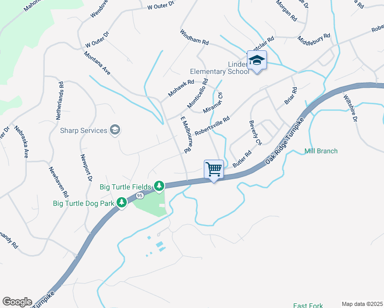 map of restaurants, bars, coffee shops, grocery stores, and more near 102 East Melbourne Road in Oak Ridge