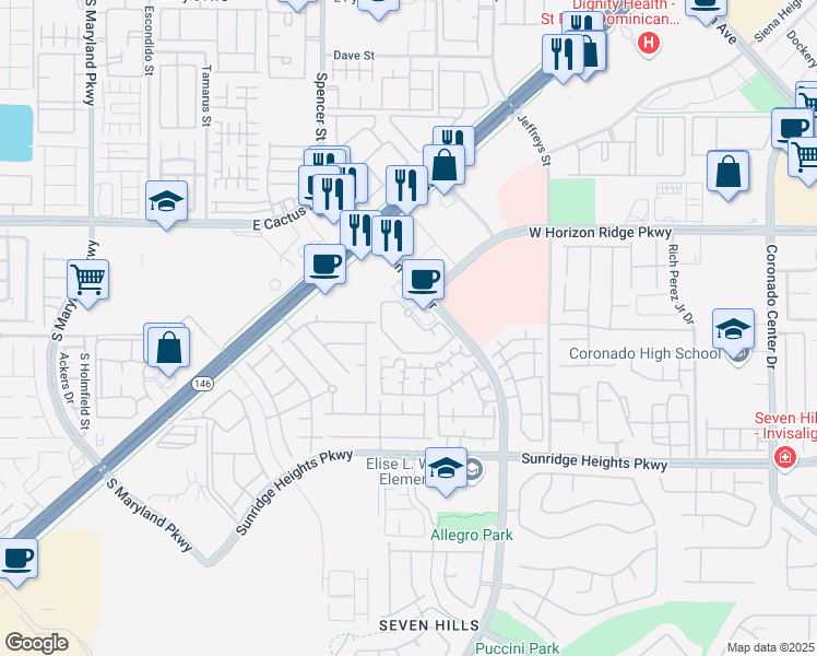 map of restaurants, bars, coffee shops, grocery stores, and more near 845 Seven Hills Drive in Henderson