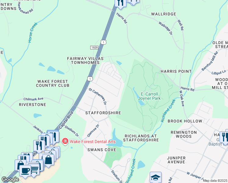 map of restaurants, bars, coffee shops, grocery stores, and more near 651 Guinness Place in Wake Forest