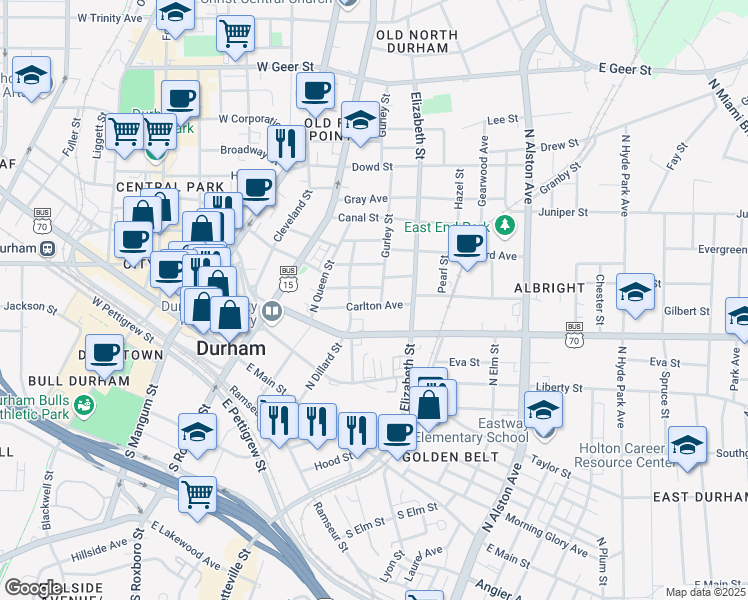 map of restaurants, bars, coffee shops, grocery stores, and more near 510 Carlton Avenue in Durham