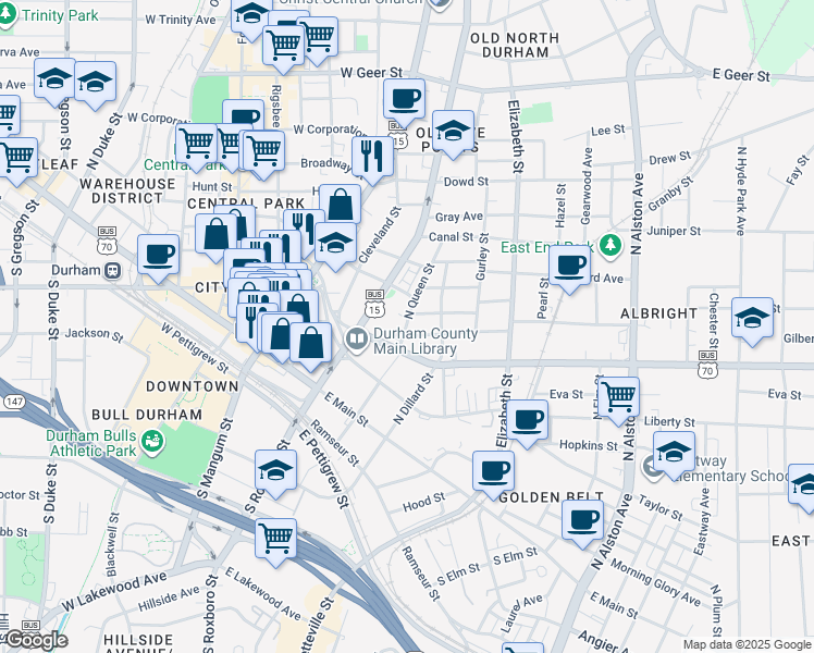 map of restaurants, bars, coffee shops, grocery stores, and more near 309 North Queen Street in Durham