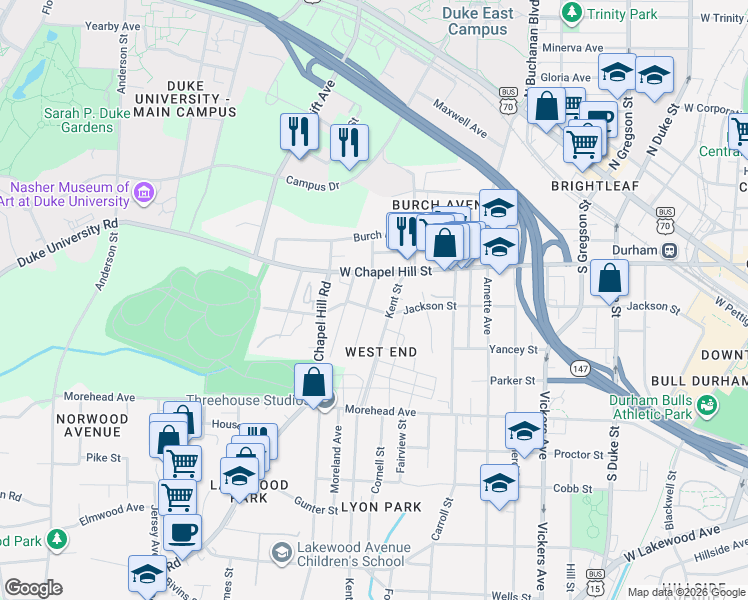 map of restaurants, bars, coffee shops, grocery stores, and more near 1212 Jackson Street in Durham