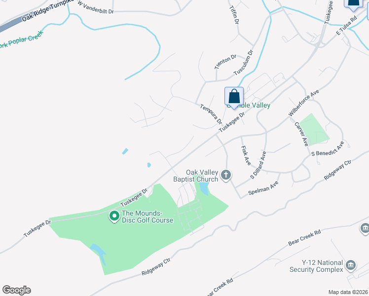 map of restaurants, bars, coffee shops, grocery stores, and more near Tuskegee Drive in Oak Ridge