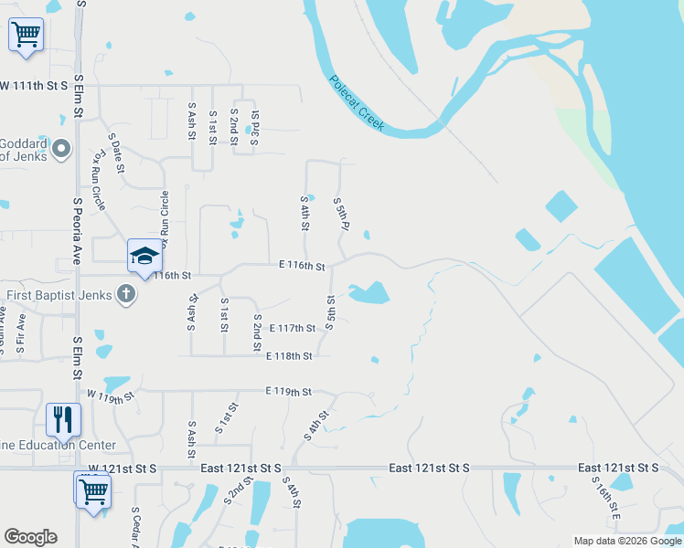map of restaurants, bars, coffee shops, grocery stores, and more near 11615 South 5th Street in Jenks