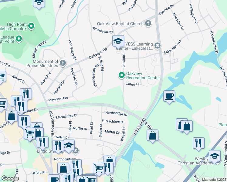 map of restaurants, bars, coffee shops, grocery stores, and more near 131 James Road in High Point