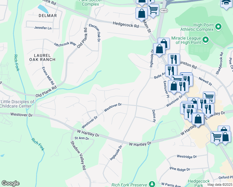 map of restaurants, bars, coffee shops, grocery stores, and more near 510 Ladford Lane in High Point