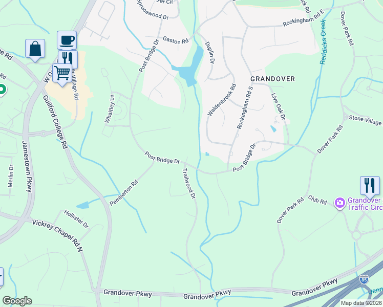 map of restaurants, bars, coffee shops, grocery stores, and more near 4402 Trailwood Drive in Greensboro