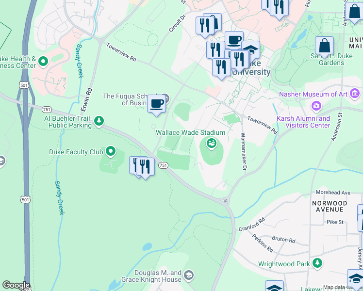 map of restaurants, bars, coffee shops, grocery stores, and more near 2138 Campus Drive in Durham
