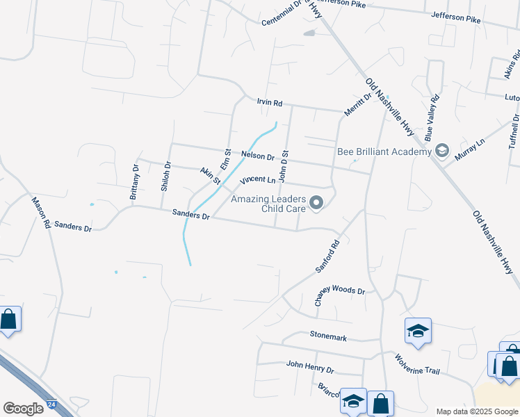 map of restaurants, bars, coffee shops, grocery stores, and more near 211 Akin Street in La Vergne