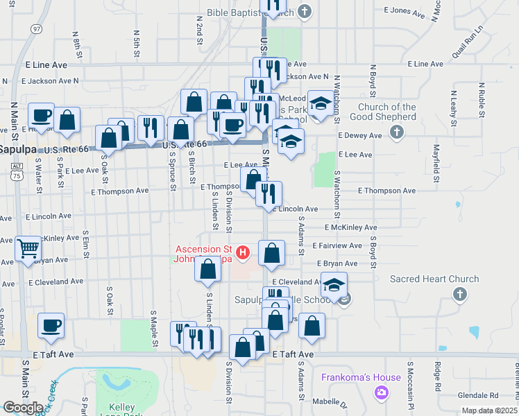 map of restaurants, bars, coffee shops, grocery stores, and more near 1125 East Lincoln Avenue in Sapulpa