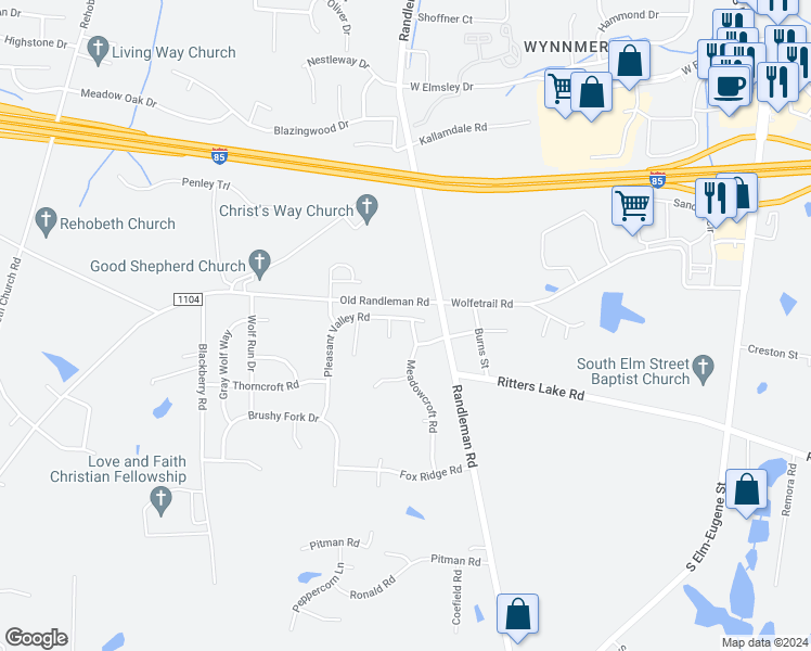 map of restaurants, bars, coffee shops, grocery stores, and more near 4400 Meadowcroft Road in Greensboro