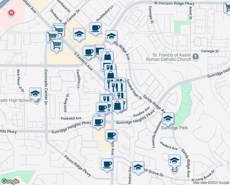 map of restaurants, bars, coffee shops, grocery stores, and more near 10850 South Eastern Avenue in Henderson