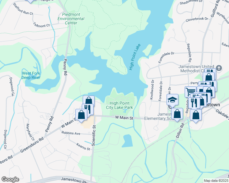 map of restaurants, bars, coffee shops, grocery stores, and more near 602 West Main Street in Jamestown