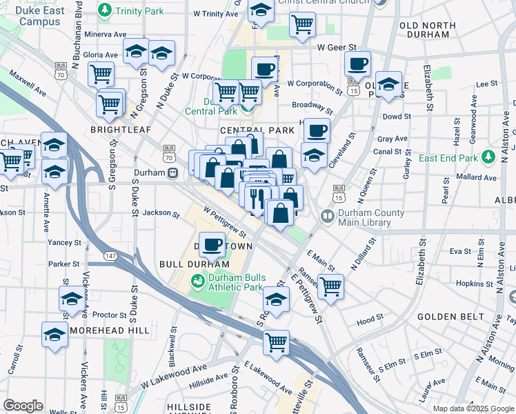 map of restaurants, bars, coffee shops, grocery stores, and more near 126 West Main Street in Durham