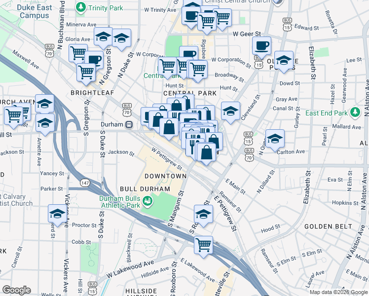 map of restaurants, bars, coffee shops, grocery stores, and more near 126 West Main Street in Durham