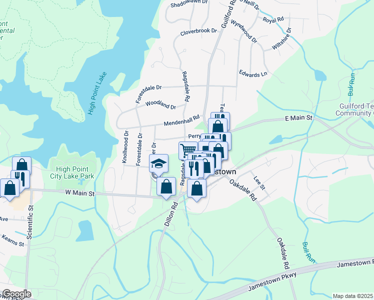 map of restaurants, bars, coffee shops, grocery stores, and more near 104 Ragsdale Road in Jamestown