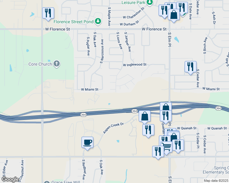 map of restaurants, bars, coffee shops, grocery stores, and more near 5700 South Lions Avenue in Broken Arrow